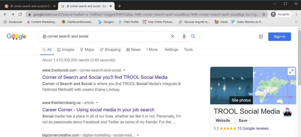 hit 1 in page 1 in the SERPS @ corner search and social- header
